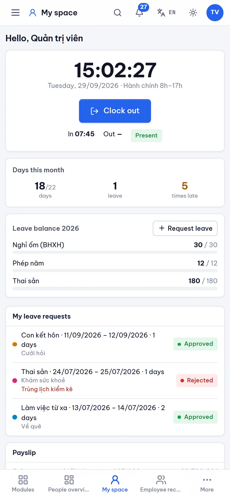 Check in and payslips on a phone
